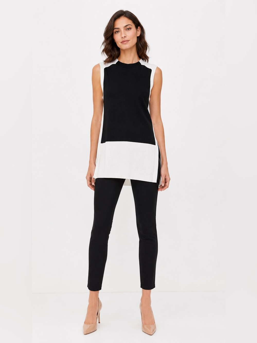Lafayette 148 New York Top Size S Black White Colorblock Knit Tunic Sleeveless
